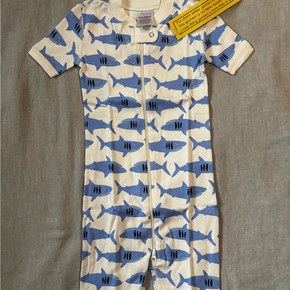 Hanna Andersson White and Blue Shark Print Zip Pajamas